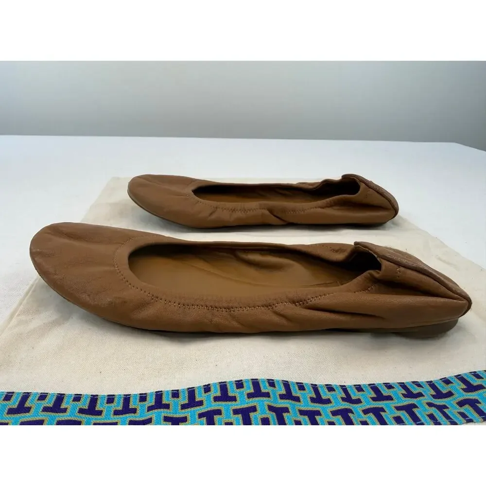 Tory Burch Eddie Leather Ballet Flats Camel Tan Size 8 Logo Foldable Flats